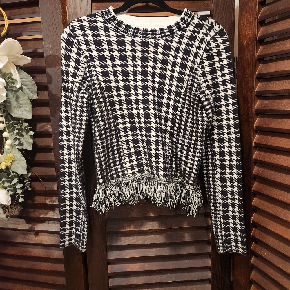 Milly Black and White Houndstooth Fringe Hem Sweater